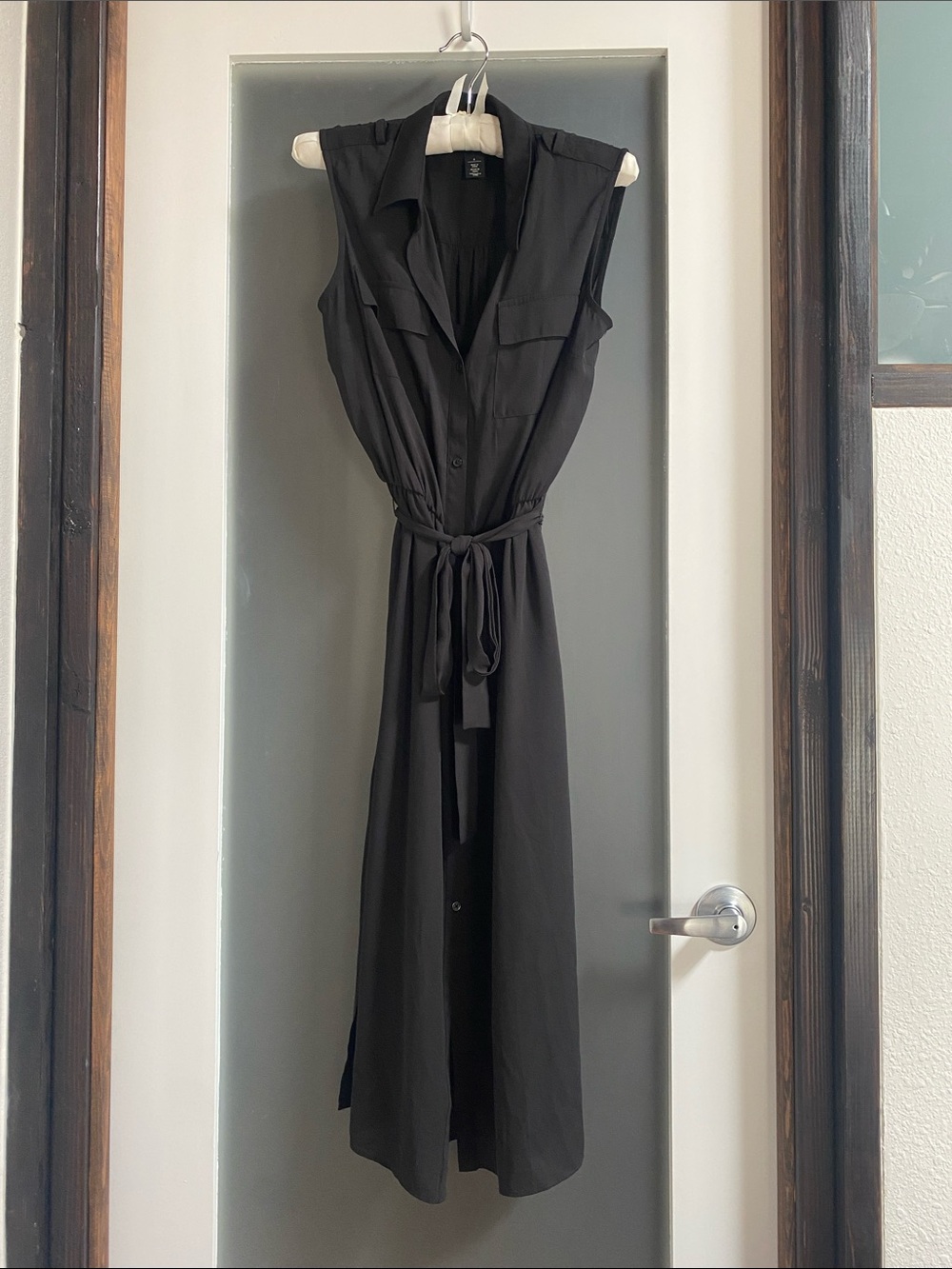 White House Black Market Black Sleeveless Midi Shirt Dress with Waist Tie
